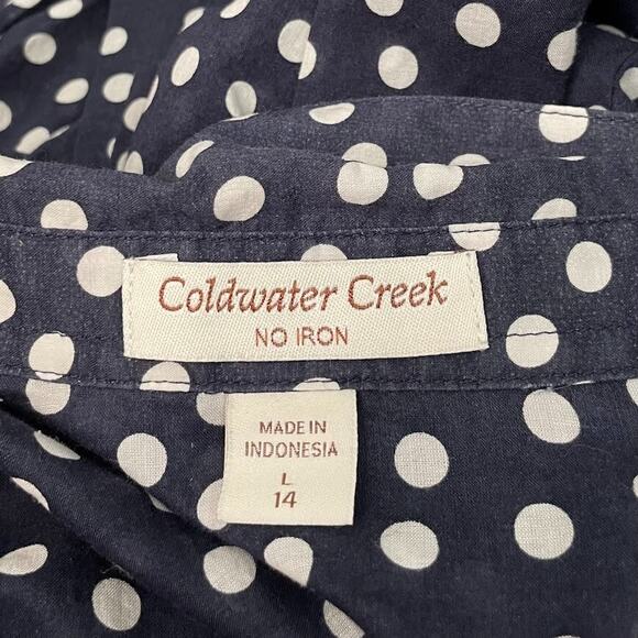 Coldwater Creek Button Up Shirt Womens Size Large No Iron Navy Polka Dot Preppy - Picture 7 of 12